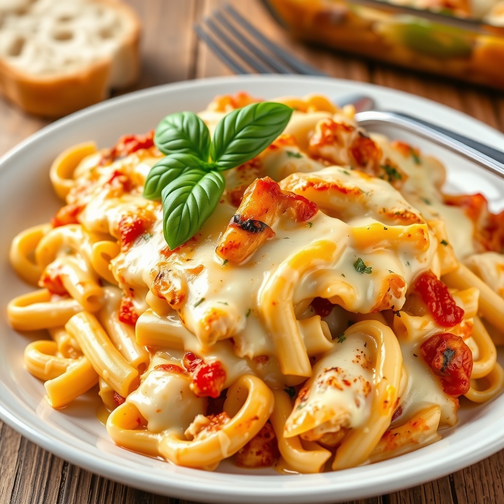 Cheesy Italian chicken pasta bake with pasta, chicken, and melted cheese, garnished with basil on a wooden table.